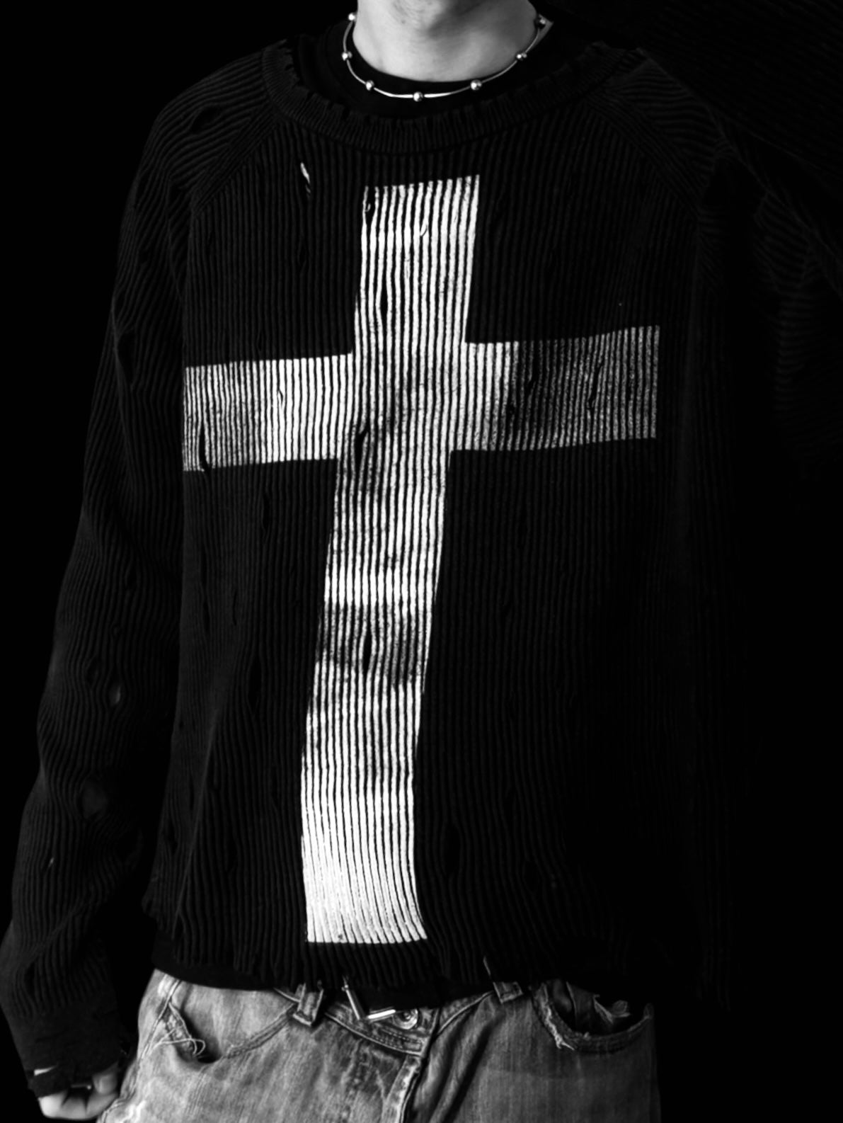 Cropped + Distressed + Oversized "Cross" Sweater
