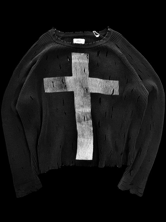 Cropped + Distressed + Oversize “Cross” Sweater